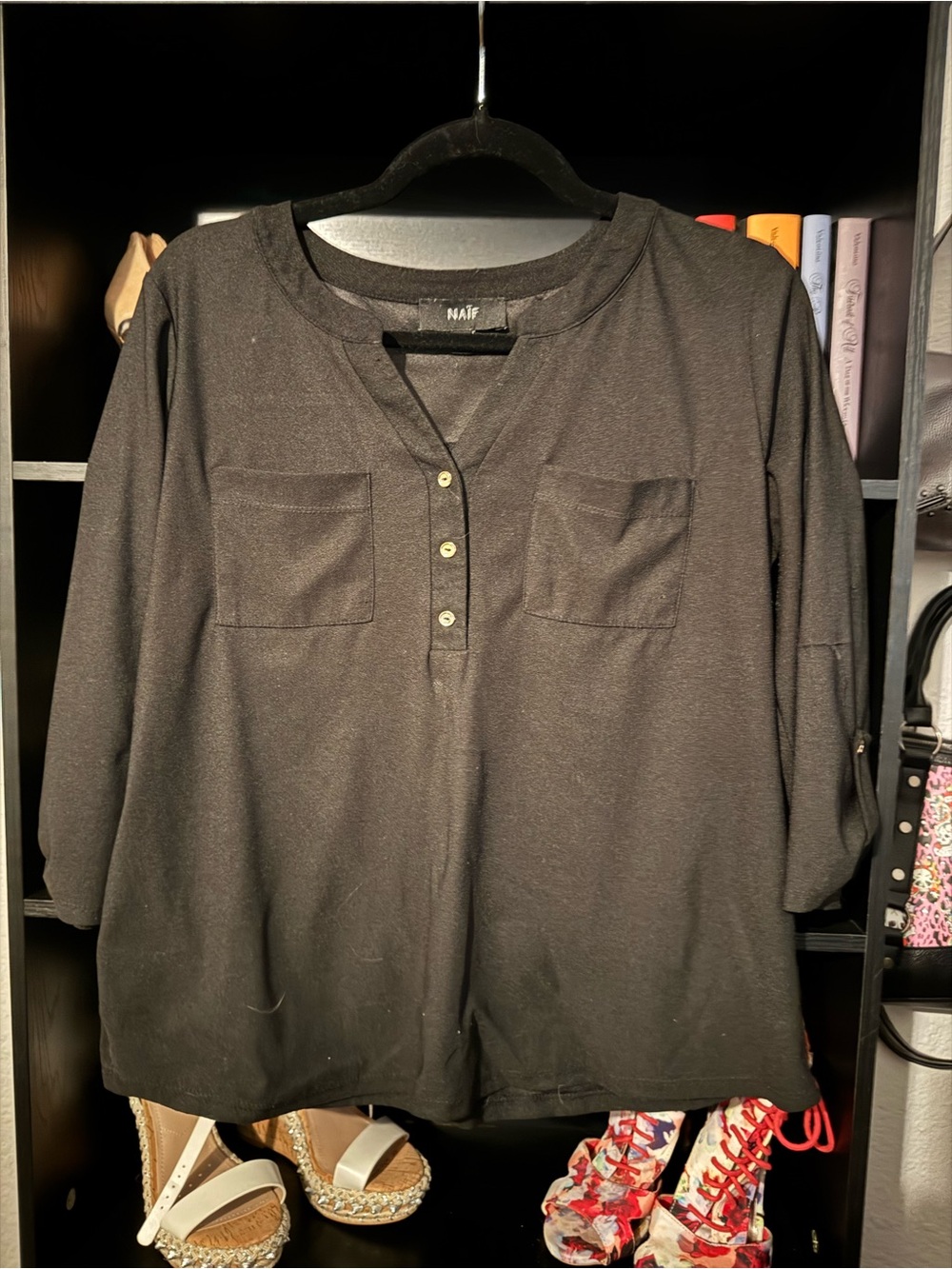 NAIF Black Henley Button-Placket Women's Top
